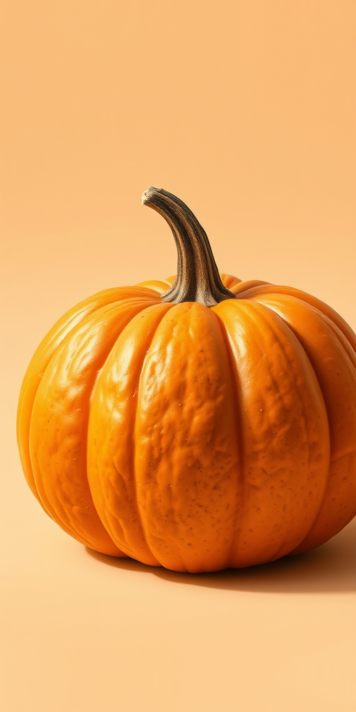 Create a highly detailed digital illustration of a pumpkin on a soft beige background, using a Canon EOS R6 with a 50mm lens, f/1.8 aperture, ISO 100, and soft natural lighting to enhance texture and color vibrancy.