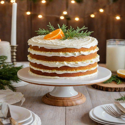 Create an image of a layered cake on a wooden cake stand. The cake should have visible layers filled with a light yellow filling and frosted with white icing. Decorate the top with thin slices of orange and a few sprigs of greenery. Arrange some slices of the cake on white plates nearby. The background should have soft, warm colors to create an inviting atmosphere.