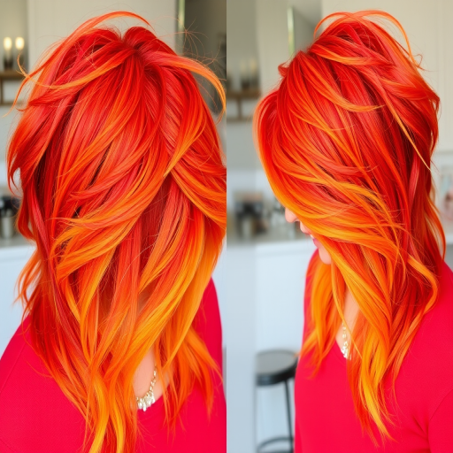 Fiery Phoenix Feathered Layers featuring a bold blend of vibrant red orange and yellow hues styled in wispy textured layers resembling the majestic plumage of a mythical firebird