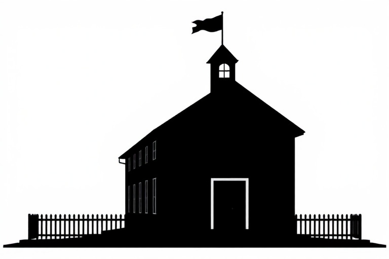 Create a high-resolution image of a simple black schoolhouse silhouette with a flag on the roof, shot with a DSLR camera at f/8 aperture, ISO 100, 1/250 shutter speed, using a wide-angle lens, capturing a clean and minimalistic design against a white background.
