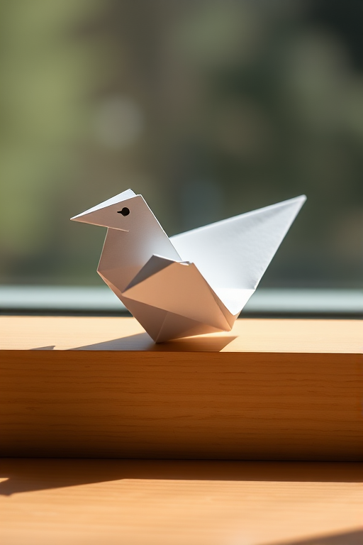 Create a high-resolution image of a minimalist origami figure resembling a bird, captured in natural lighting using a Canon EOS 5D Mark IV with a 50mm f/1.8 lens, aperture set to f/4, ISO 100, and a slight top-down angle for emphasis.