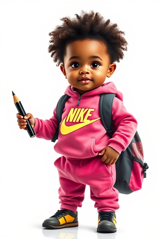VECTOR GLOSSY STICKER OF A BEAUTIFUL AFRICAN AMERICAN TODDLER DRESSED IN CUTE NIKE VELOUR SWEATSUIT WEARING A BACKPACK HOLDING A GIANT PENCIL the background is completely white with a  gloss effect