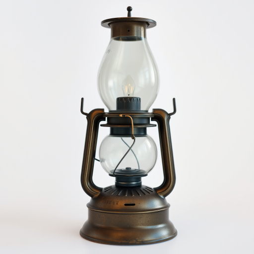 regenerate the image of a vintage oil lamp, focus on a clear and detailed view, 50mm lens, f/2.8 aperture, shutter speed 1/125 sec, ISO 100, soft diffused lighting, white background for contrast, high-resolution capture