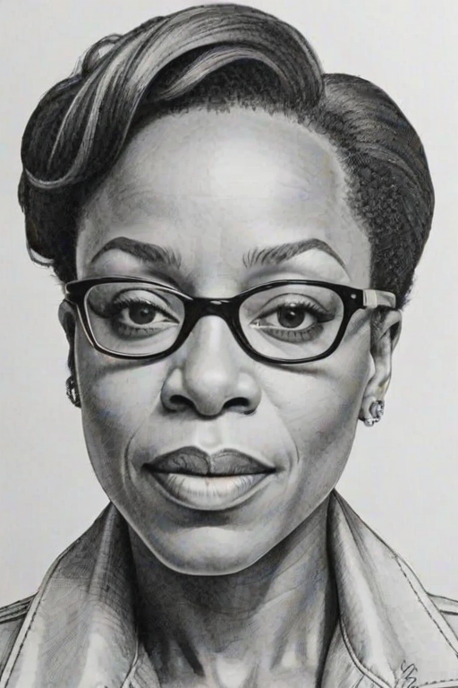 Lovely Marianne Jean-Baptiste, pencil sketch, portrait of Gorgeous woman 1969s in glasses, hair style beatnik, outline, clear lines, fine lines, 8k