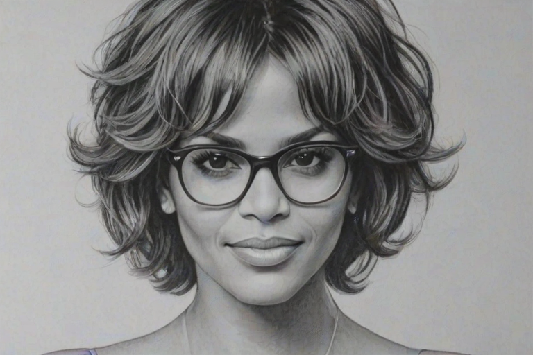 Ravishing Halle Berry, pencil sketch, portrait of Alluring woman 1975s in glasses, hair style beatnik, outline, clear lines, fine lines, 8k