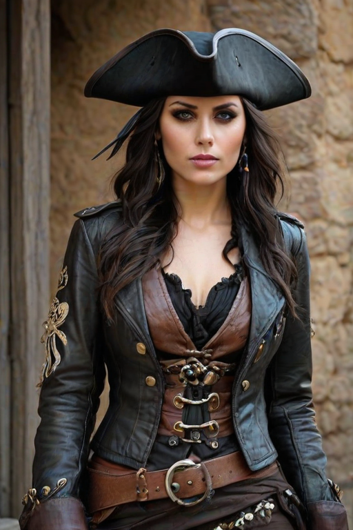 Create a portrait of a fierce female pirate. She wears a leather tricorn hat adorned with a skull and crossbones emblem, and her long, dark hair flows around her face. Her outfit consists of a richly detailed leather jacket, a corset, and multiple layers of belts and accessories, giving her a formidable and stylish appearance. She stands confidently in a dimly lit, historic port town, with a backdrop of weathered buildings and cobblestone streets, capturing the adventurous spirit of a pirate.