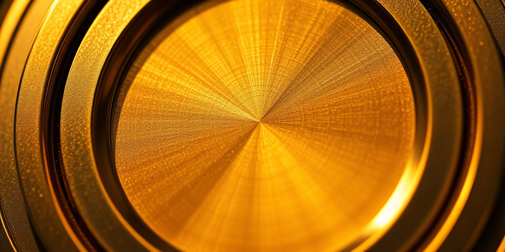Create a highly detailed texture of a circular metallic surface with a warm gold tone, 50mm lens, f/2.8 aperture, ISO 100, 1/200s shutter speed, macro view, taken with a DSLR camera.
