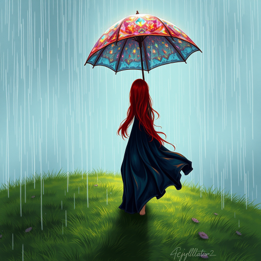 A surreal hand-drawn digital artwork depicting a mysterious red-haired woman standing on a grassy hill under the rain. She holds an umbrella crafted from iridescent zircon, its vibrant sheen contrasting with the soft, rainy atmosphere. The scene feels dreamlike, blending the natural elements of the hill and rain with the otherworldly shimmer of the umbrella.