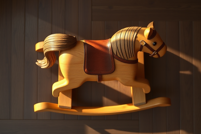 Create an illustration of a wooden rocking horse with a smooth finish, captured with a Canon EOS 5D Mark IV, ISO 100, aperture f/8, 50mm lens, top-down view, natural lighting, digital art style for enhanced clarity and detail.