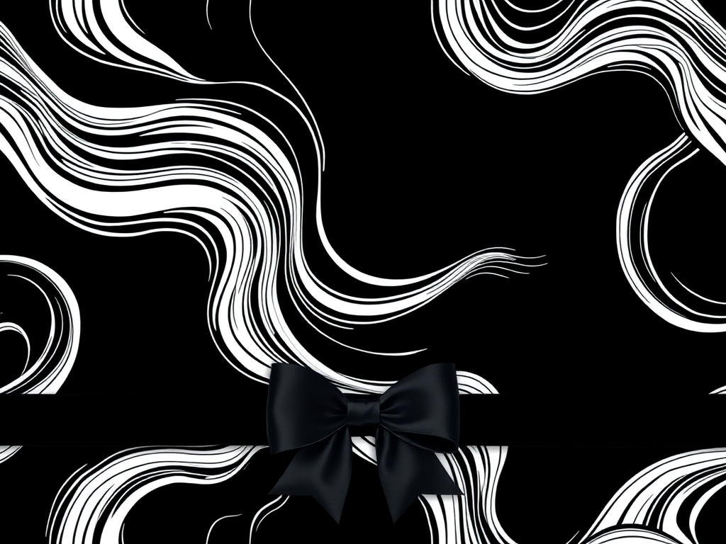 Create a seamless pattern design featuring abstract flowing lines in white on a black background, with a prominent black bow at the bottom center, shot in a high-resolution DSLR camera with a 50mm lens, aperture set to f/1.8, ISO 100, under soft natural lighting for enhanced texture and clarity.