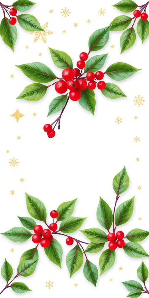 Create a festive holiday border design featuring green leaves and red berries with scattered gold stars and snowflakes on a white background. The composition should be symmetrical with a natural and elegant aesthetic, suitable for seasonal greeting cards or decorations.