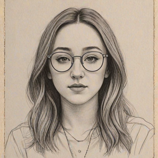 Graceful Noah Cyrus, pencil sketch, portrait of Delightful woman 1973s in glasses, hair style beatnik, outline, clear lines, fine lines, 8k
