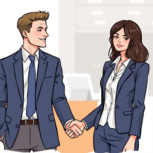 Create a digital illustration of a man and woman in business attire shaking hands, focus on professional attire, clean lines, and clear expressions, use high-resolution settings with a 50mm lens at f/2.8, natural lighting, and a slight depth of field to enhance image quality.