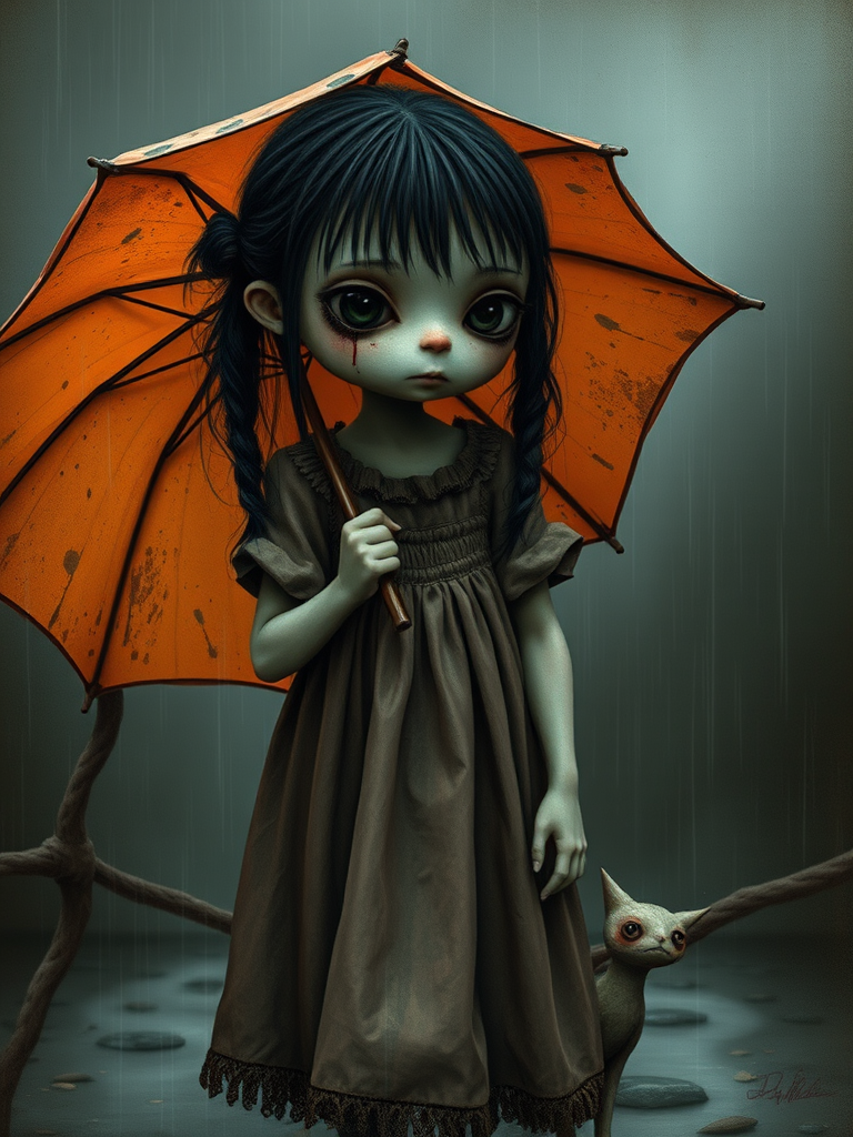 An eerie, weird little girl with dark hair in thin pigtails, wearing a smock dress, standing in the rain, holding a dirty orange umbrella, a small, odd creature beside her. In a surreal style inspired by Nicoletta Ceccoli and Brian Froud. Dark fantasy themes