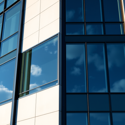 Create an image of a modern building facade featuring large glass windows reflecting the sky. The design should incorporate sleek lines and a combination of light and dark materials, emphasizing a contemporary architectural style. The focus should be on the arrangement and symmetry of the windows, capturing the interplay of light and shadows.