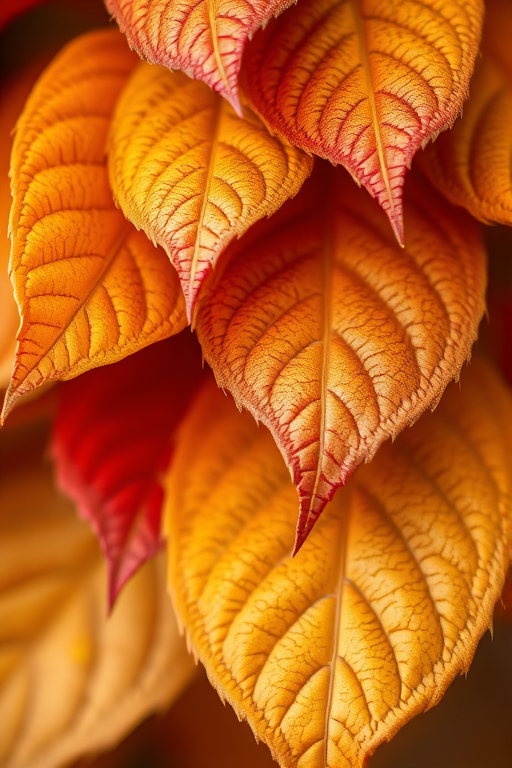 Create a highly detailed close-up image of layered autumn leaves with a warm color palette, using a DSLR camera with a macro lens, aperture set to f/2.8, shutter speed of 1/60 seconds, ISO 100, soft natural lighting, and a shallow depth of field to enhance textures and colors.