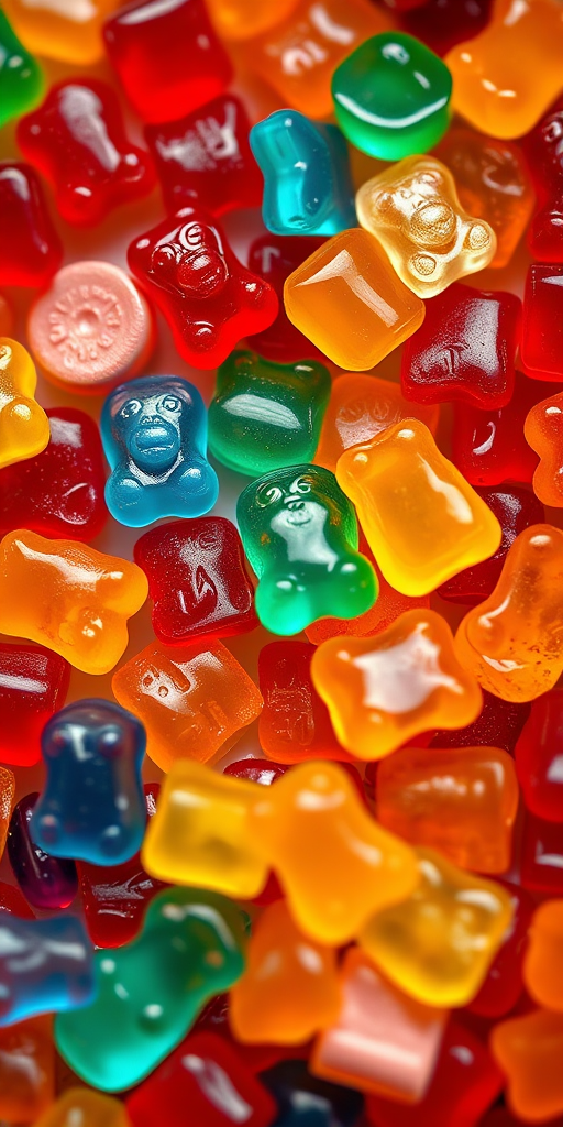 highly detailed close-up of assorted gummy bears and candies scattered on a surface, vibrant colors, shallow depth of field, macro lens, aperture f/2.8, ISO 100, 50mm lens, natural lighting, top-down view, focus on texture and vivid colors