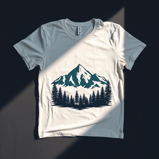 white t-shirt with mountain and nature graphic design flat lay, soft natural lighting, shallow depth of field, 50mm lens, f/2.8, ISO 100, top-down view, DSLR camera