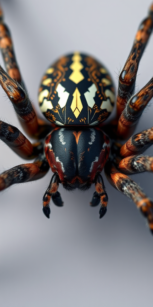 create an extremely detailed 3D render of a spider with realistic textures and lighting, using a Canon EOS R5 with a 100mm macro lens at f/2.8, ISO 100, and a shallow depth of field, featuring a top-down view against a contrasting background to enhance clarity and focus on the spider's features