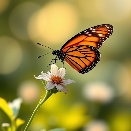 Generate an image of a butterfly resting on a flower stem in a softly blurred background. The butterfly should have vibrant orange and black wings, and the setting should be serene with hints of greenery and light.