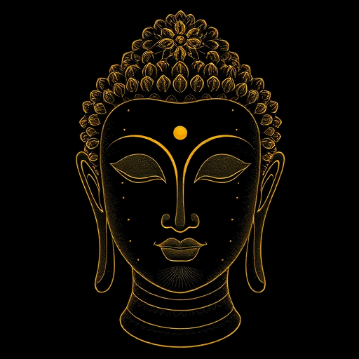 Create a high-resolution digital illustration of a serene Buddha face with intricate gold line work on a solid black background, using a Canon EOS R5 camera, 85mm lens, f/1.8 aperture, and natural soft lighting to enhance the details and elegance of the design.