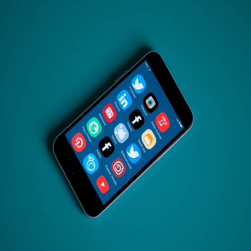 Create an image of a smartphone displaying various social media icons in a grid layout on a dark teal background with a soft focus effect, using a high-resolution digital camera at ISO 100, f/2.8 aperture, 50mm lens, and a slight overhead angle.
