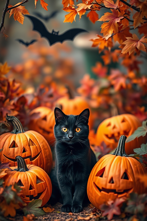 Create a whimsical Halloween scene featuring a black cat and pumpkins with smiling faces among colorful foliage and bats, shot with a Canon EOS R5, 50mm f/1.8 lens, aperture set to f/2.8, ISO 200, and a slight vignette for a dreamy effect.