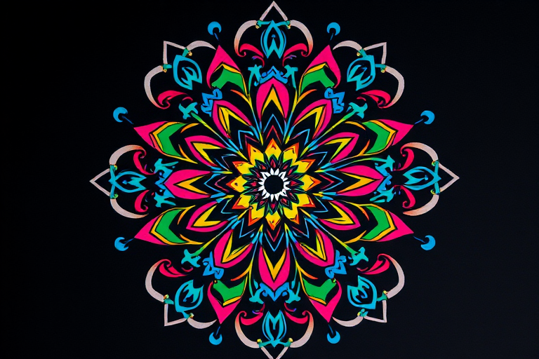 Create a vibrant mandala design with intricate patterns using bright colors like blue, green, red, pink, and yellow on a black background, shot with a DSLR camera at f/8, ISO 100, 50mm lens, in a top-down view for enhanced detail and clarity.