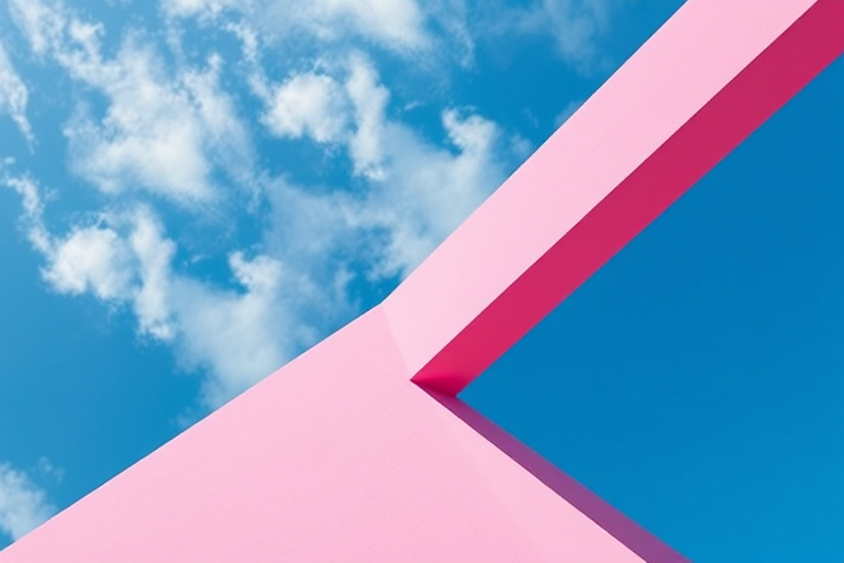 create a vibrant geometric abstract image with soft pastel colors blending into a blue sky, use a Canon EOS R5, aperture f/4, ISO 100, shutter speed 1/200s, wide-angle view, high dynamic range style
