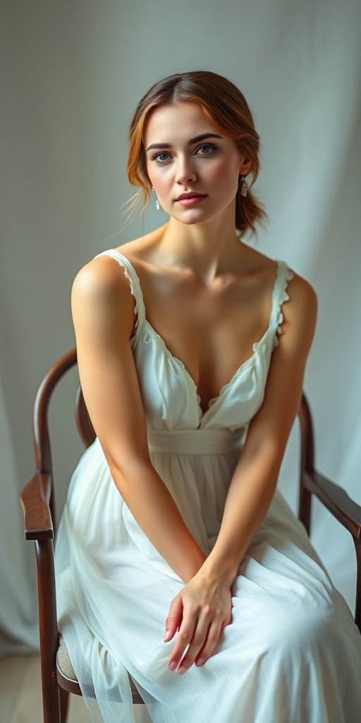 Generate a portrait of a woman sitting in a chair, dressed in a delicate white dress, with soft lighting and an ethereal background, using a DSLR camera with a 50mm lens, f/1.8 aperture, 1/125 shutter speed, soft focus, and natural light to enhance image quality.