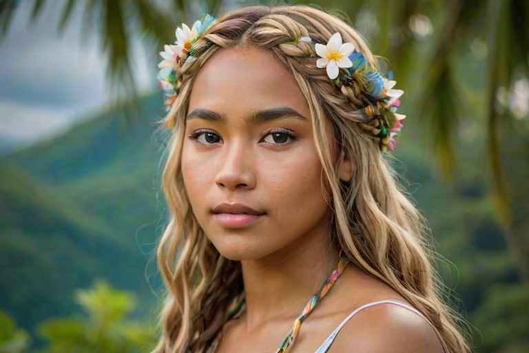 Create an image of a young Micronesian woman with long, wavy blonde hair, adorned with small, colorful flowers woven into her braids and loose strands. Her complexion is fair, with soft, glowing skin, and she has light blue eyes that gaze softly at the viewer. She wears a light, flowing dress with a gentle, ethereal quality, complementing her delicate and serene appearance. The background is slightly blurred, drawing focus to her tranquil expression and the intricate details of the flowers in her hair. The overall mood of the image is one of natural beauty and grace, evoking a sense of peacefulness and connection with nature.