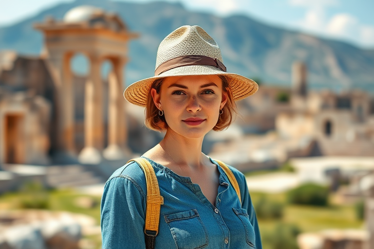 A young woman with short hair and a hat stands confidently in a scenic ancient site, soft focus with vibrant colors, using a Canon EOS R5, 50mm lens, f/1.8, ISO 100, natural light for enhanced depth and clarity.