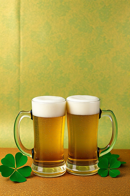 Create a festive St. Patrick's Day graphic featuring two frothy beer mugs, set against a textured gold and green background, captured with a Canon EOS R5, 50mm lens, f/1.8, ISO 100, natural lighting, flat lay style.