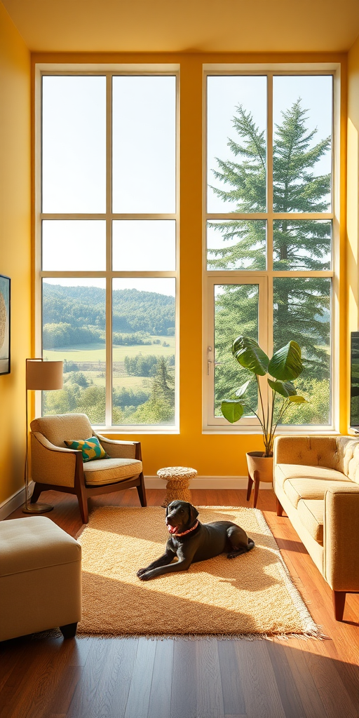 interior room with yellow walls, cozy furniture, a dog lying on a rug, large windows showing a green landscape outside, bright lighting, soft shadows, use a Canon EOS 5D Mark IV, ISO 100, aperture f/4, shutter speed 1/125s, wide-angle view, modern photographic style, high resolution