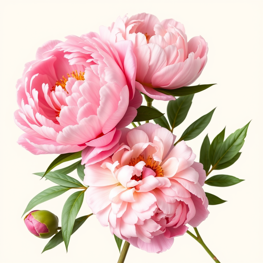Create a botanical illustration of pink peonies with detailed petals and leaves on a soft cream background, captured in high resolution using a Canon EOS 5D Mark IV at f/4, 1/200 sec, ISO 100, shot in natural light from a slightly elevated angle for depth.