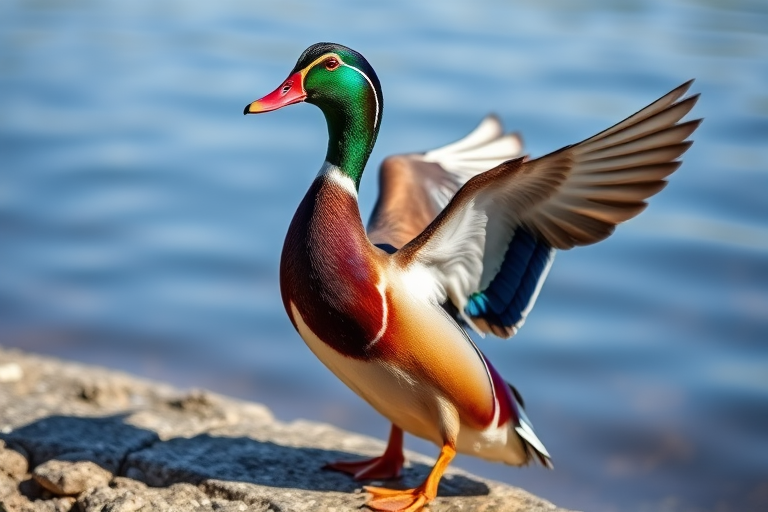 Capture a close-up shot of a colorful duck stretching its wings by the water's edge, using a DSLR camera with a 50mm lens, aperture set to f/2.8, shutter speed at 1/1000 sec, ISO 200, in natural light with a shallow depth of field to enhance details and reduce background distractions.