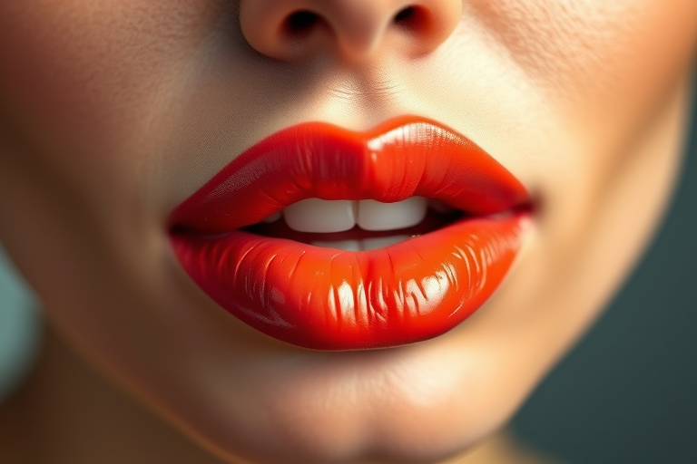 Luscious coral-hued lips with a glossy finish shine under soft studio lighting, showcasing a perfect cupid's bow and plump texture, evoking a sense of warmth and sensuality