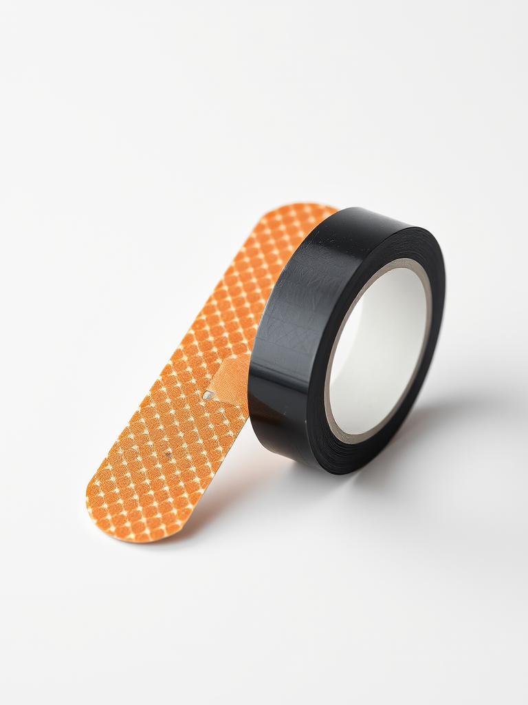 Create a high-resolution image of a band-aid and a roll of black tape side by side on a white background, using a DSLR camera with a 50mm lens, aperture set to f/1.8 for shallow depth of field, ISO 100, and a soft diffused lighting setup.