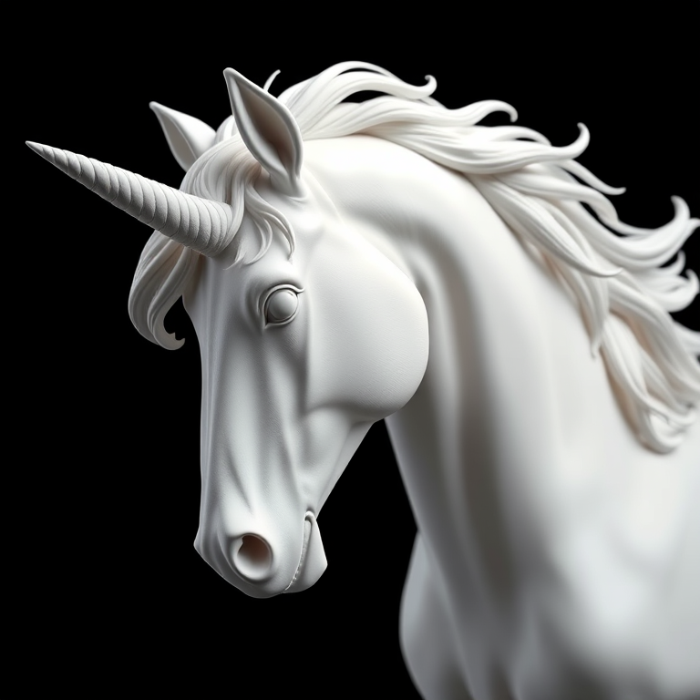 regenerate a highly detailed and realistic 3D sculpture of a white unicorn with flowing mane and a single horn against a seamless black background, using a DSLR camera with an aperture of f/1.8, shutter speed of 1/125s, ISO 100, 50mm lens, in low-key lighting for dramatic effect