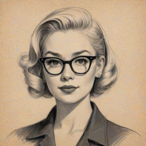 Appealing Raelynn, pencil sketch, portrait of Charming woman 1953s in glasses, hair style beatnik, outline, clear lines, fine lines, 8k