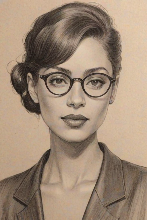 Appealing Trina McGee, pencil sketch, portrait of Sublime woman 1921s in glasses, hair style beatnik, outline, clear lines, fine lines, 8k