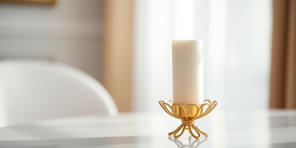 Create an image of an elegant gold candle holder with a white candle, captured with a 50mm lens at f/1.8 aperture, ISO 100, with soft natural lighting on a blurred background, in a high-resolution style using a DSLR camera.