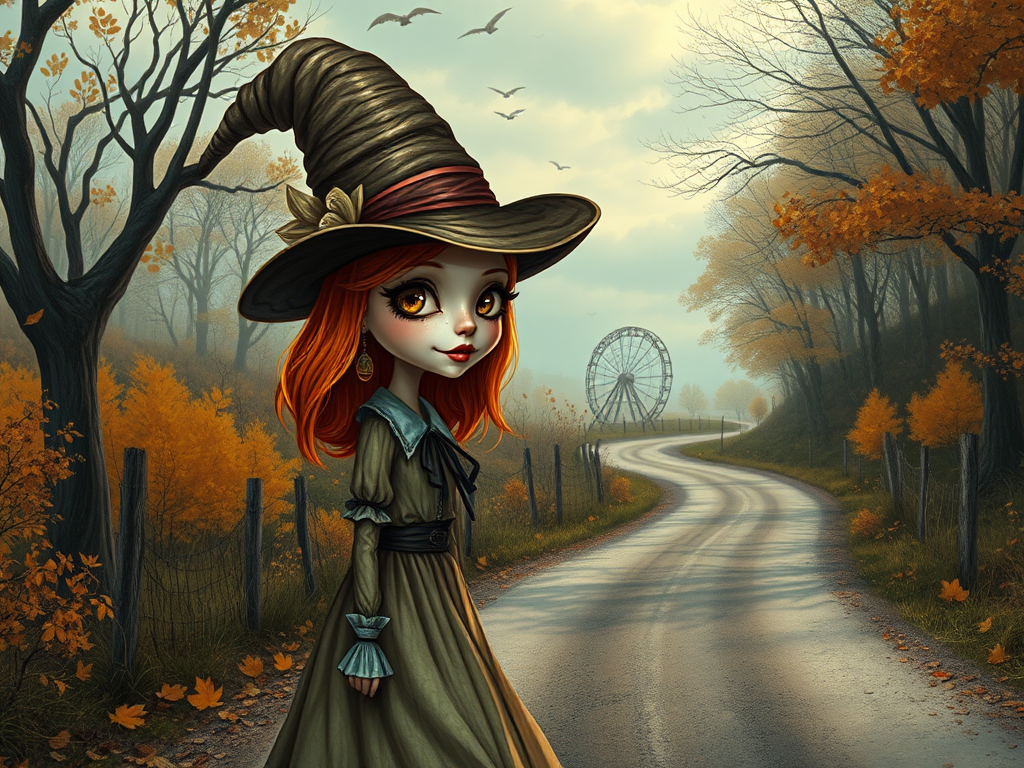 digital art fantasy depicting a strange girl with orange hair, long eyelashes, brown lipstick and a tall hat walking along a winding road on an autumn afternoon, an Oyster smiles as she passes
