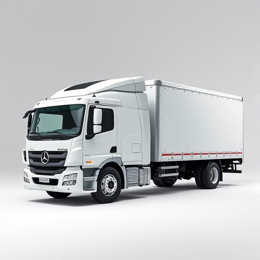 photorealistic image of a modern white truck with a covered trailer, shot from a low angle to emphasize its size, f-stop 5.6, shutter speed 1/200 sec, ISO 100, lens 35mm, studio lighting for even illumination