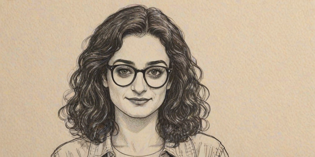 Superb Jenny Slate, pencil sketch, portrait of Bewitching woman 1980s in glasses, hair style beatnik, outline, clear lines, fine lines, 8k