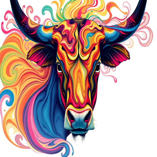 Create a vibrant, abstract illustration of a bull with swirling patterns and colors, shot using a Canon EOS R5, 50mm lens, f/1.8 aperture, ISO 100, in soft natural light with a focus on intricate details and high contrast.