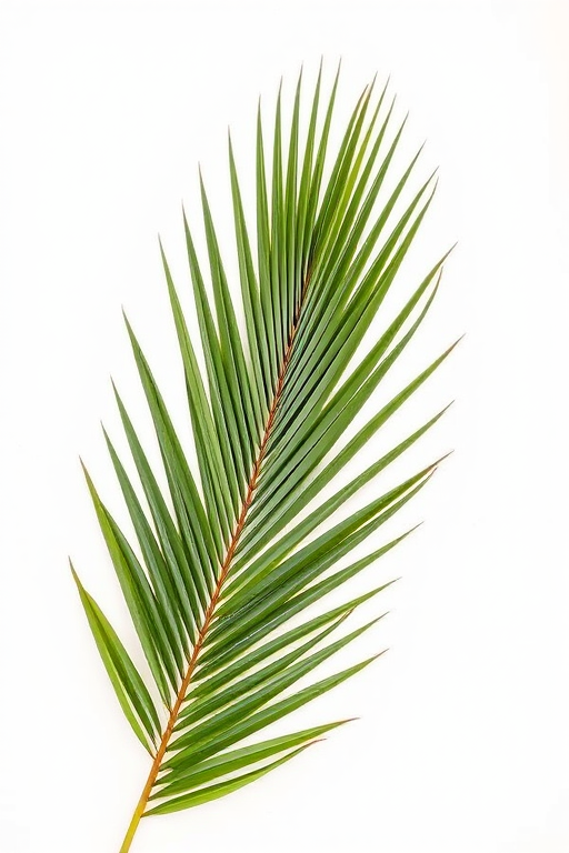 Create an image of a single palm leaf against a pure white background, captured with a Canon EOS R5, 50mm f/1.2 lens, aperture set to f/8, ISO 100, shot from a top-down view with natural diffused lighting to enhance colors and details.