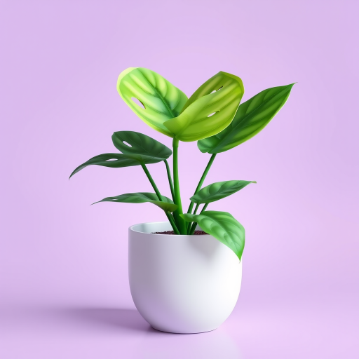 Regenerate an illustration of a Monstera plant in a ceramic pot against a pastel purple background, using a digital painting style, with a soft focus lens, high dynamic range imaging, and a 50mm f/1.8 lens for enhanced detail and depth.