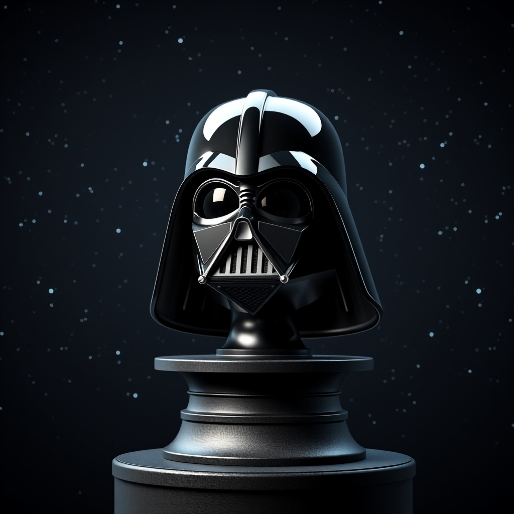 A highly detailed 3D render of a Darth Vader helmet on a rotating pedestal, set against a starry background, with dramatic lighting and shadows, using a Canon EOS R5 camera, 50mm lens, f/1.8 aperture, ISO 100, 1/60 sec shutter speed, and a softbox for lighting.