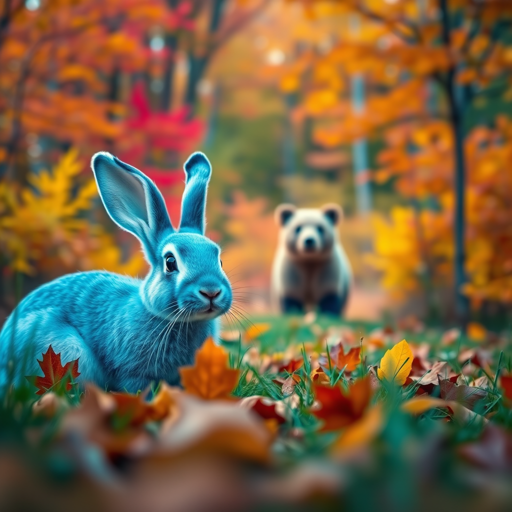 Create a vibrant autumn scene featuring a blue bunny in the foreground with a bear in the background amidst colorful trees, using a high-resolution digital art style, with a focus on warm lighting and enhanced textures, shot from a low angle perspective, 50mm lens, f/4 aperture, and ISO 100 to capture vivid details and depth.